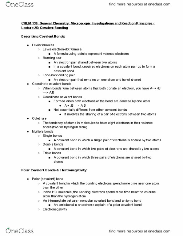 CHEM 130 Lecture Notes - Lecture 25: Valence Electron, Chemical Polarity, Ionic Bonding thumbnail