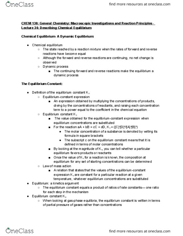 CHEM 130 Lecture Notes - Lecture 34: Chemical Equilibrium, Equilibrium Constant, Chemical Equation thumbnail