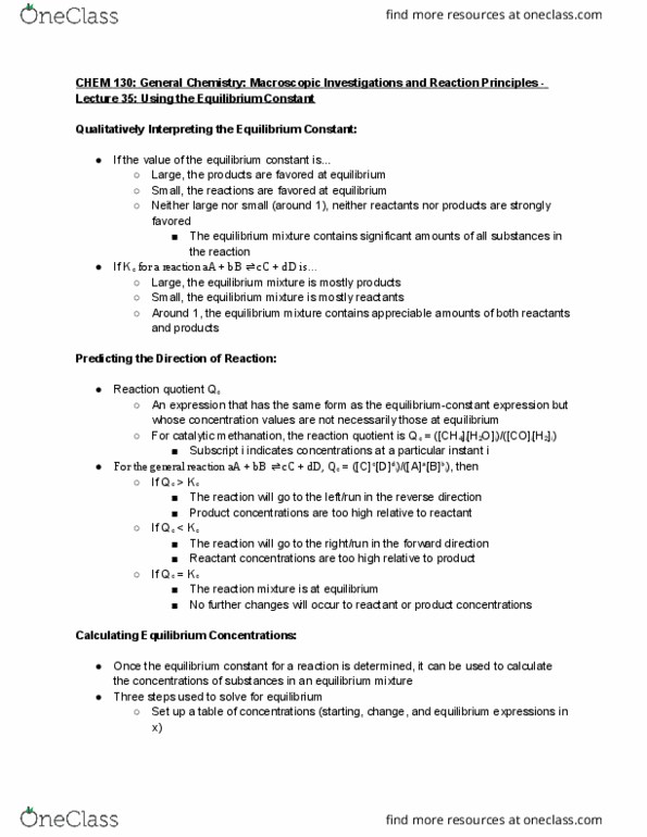 CHEM 130 Lecture Notes - Lecture 35: Equilibrium Constant, Reaction Quotient, Reagent thumbnail