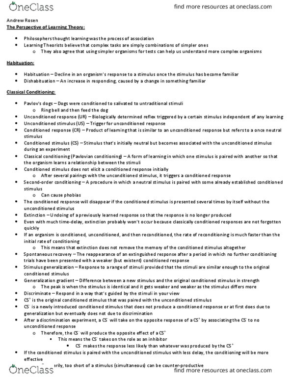 PSY BEH 11B Lecture Notes - Lecture 7: Classical Conditioning, Habituation, Aplysia thumbnail