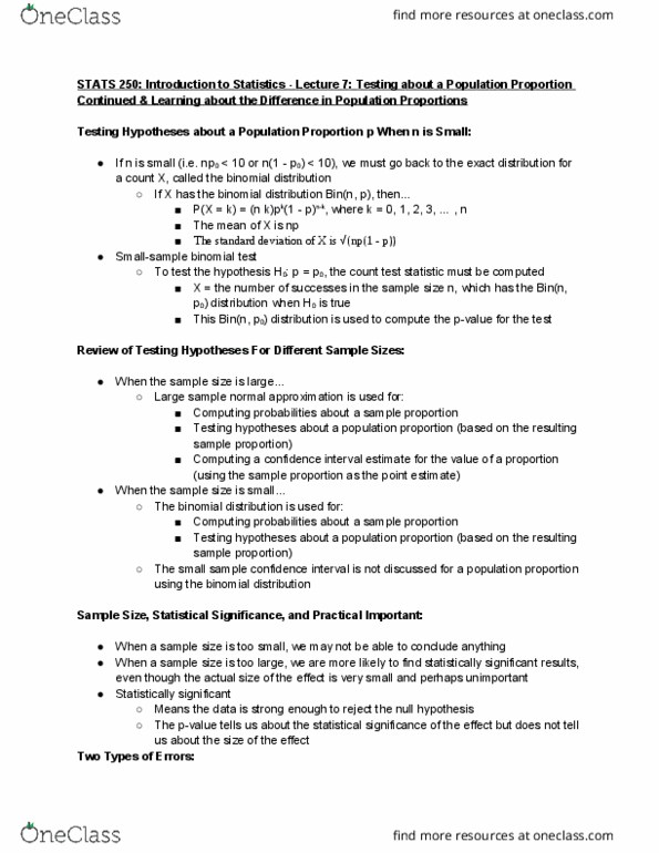 STATS 250 Lecture Notes - Lecture 7: Binomial Distribution, Binomial Test, Sample Size Determination thumbnail