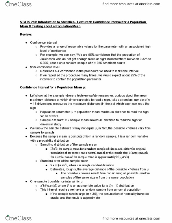 STATS 250 Lecture 9: Confidence Interval for a Population Mean & Testing about a Population Mean thumbnail