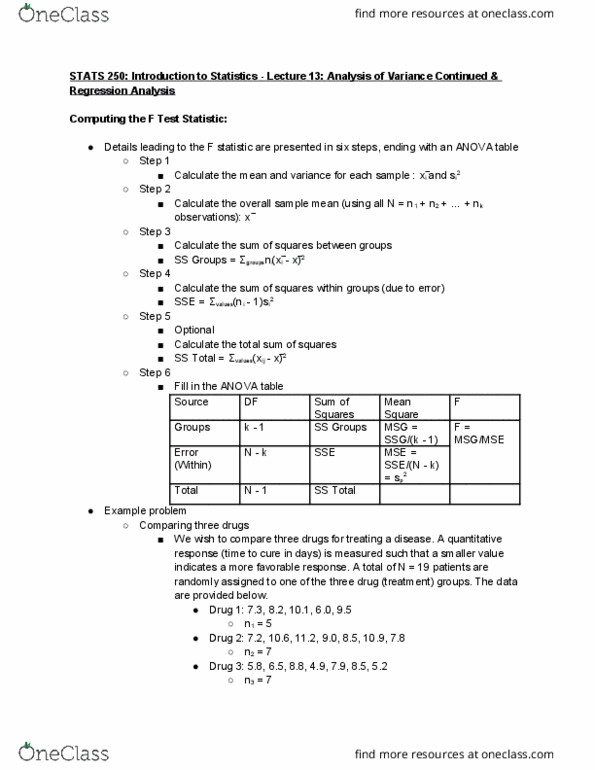 STATS 250 Lecture Notes - Lecture 13: Regression Analysis, Test Statistic, Dependent And Independent Variables thumbnail