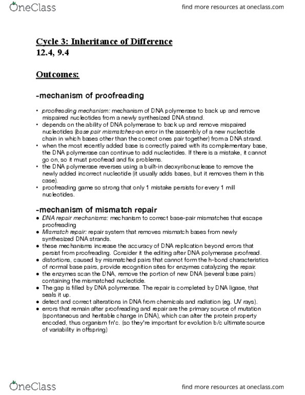 Biology 1001A Lecture Notes - Lecture 6: Dna Mismatch Repair, Dna Ligase, Deoxyribonuclease thumbnail