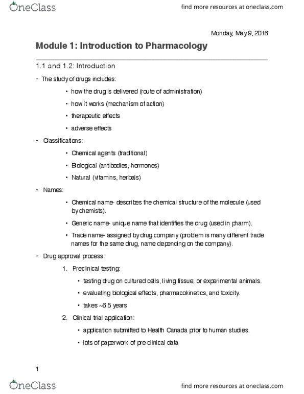 Pharmacology 2060A/B Lecture Notes - Lecture 1: Clinical Trial, Pharmacology, Pharmacokinetics thumbnail