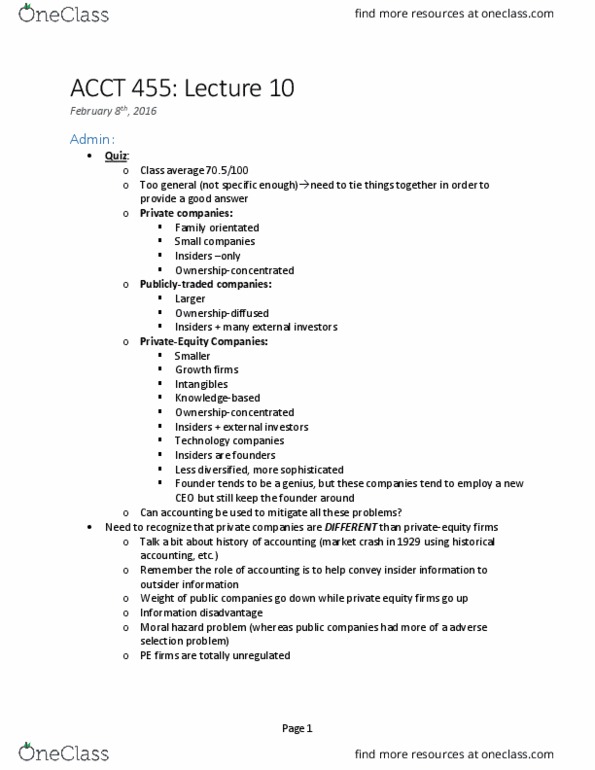 ACCT 455 Lecture Notes - Lecture 10: Moral Hazard, Adverse Selection, Historical Cost thumbnail