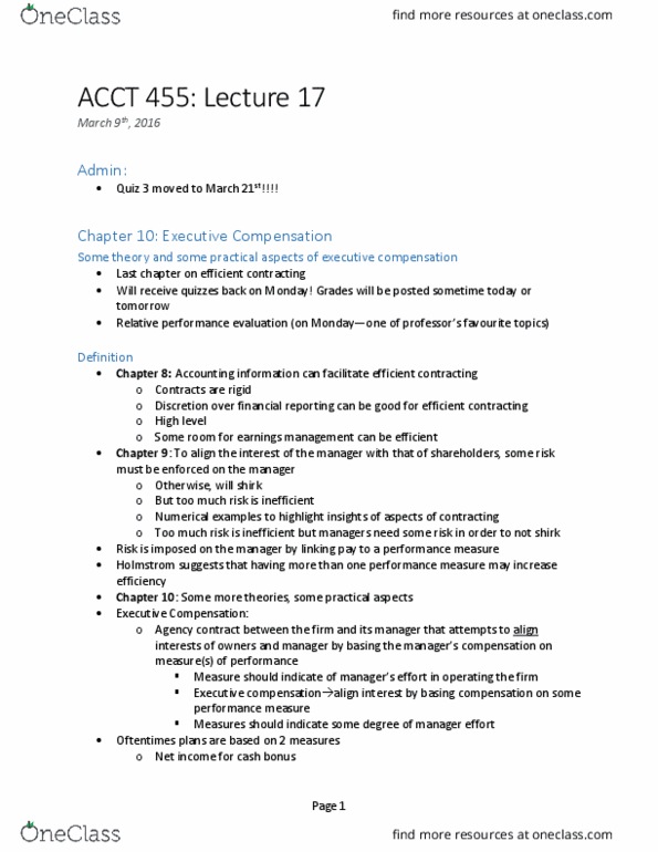 ACCT 455 Lecture Notes - Lecture 17: Executive Compensation, Earnings Management, Net Income thumbnail