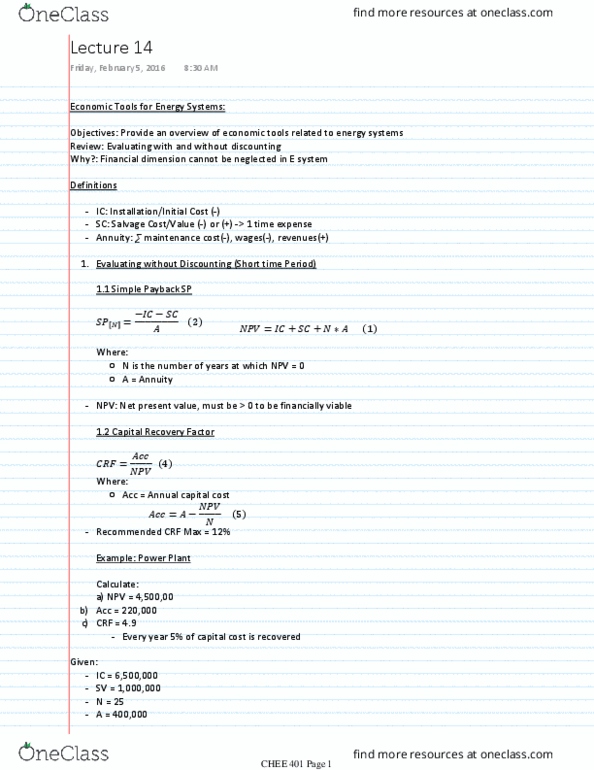 CHEE 401 Lecture Notes - Lecture 14: 1Time Airline, Net Present Value thumbnail