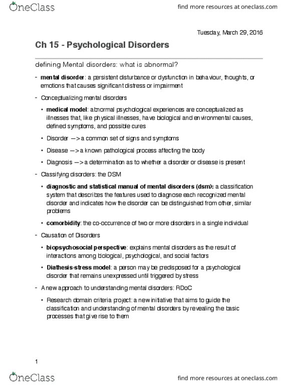 PSYO 121 Chapter Notes - Chapter 15: Research Domain Criteria, Mental Disorder, Biopsychosocial Model thumbnail