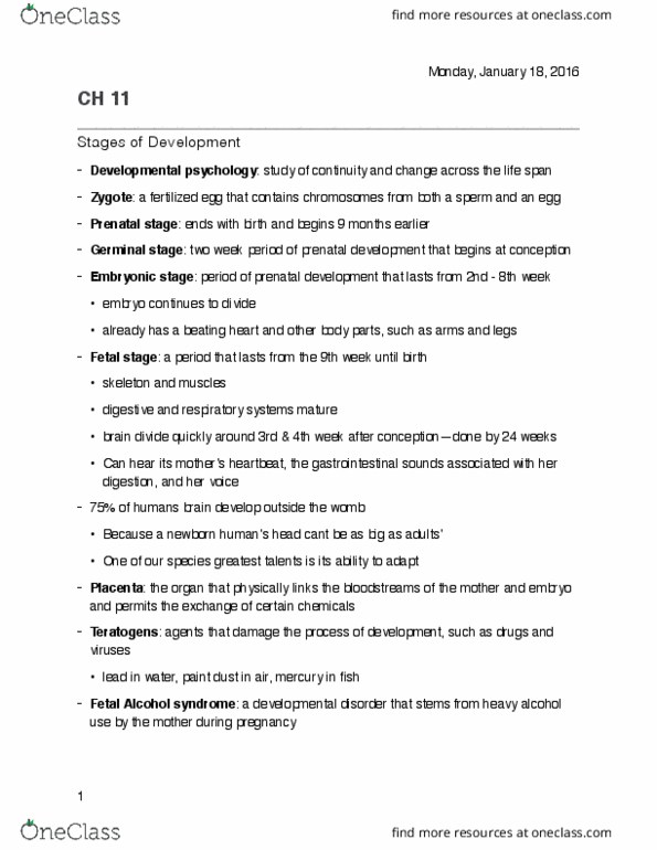 PSYO 121 Chapter Notes - Chapter 11: Prenatal Development, Placenta, Primitive Reflexes thumbnail