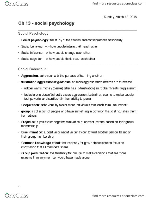 PSYO 121 Chapter Notes - Chapter 13: Group Polarization, Social Cognition, Reciprocal Altruism thumbnail