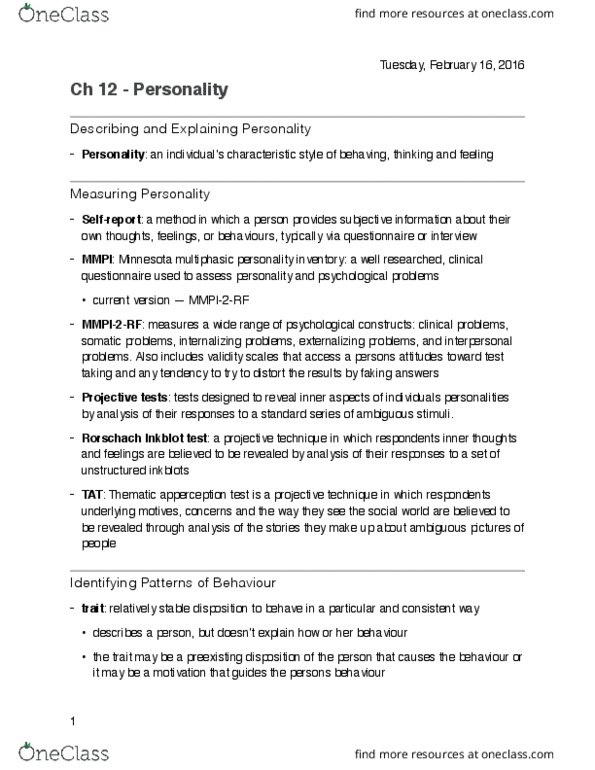 PSYO 121 Chapter Notes - Chapter 12: Rorschach Test, Projective Test, Apperception thumbnail