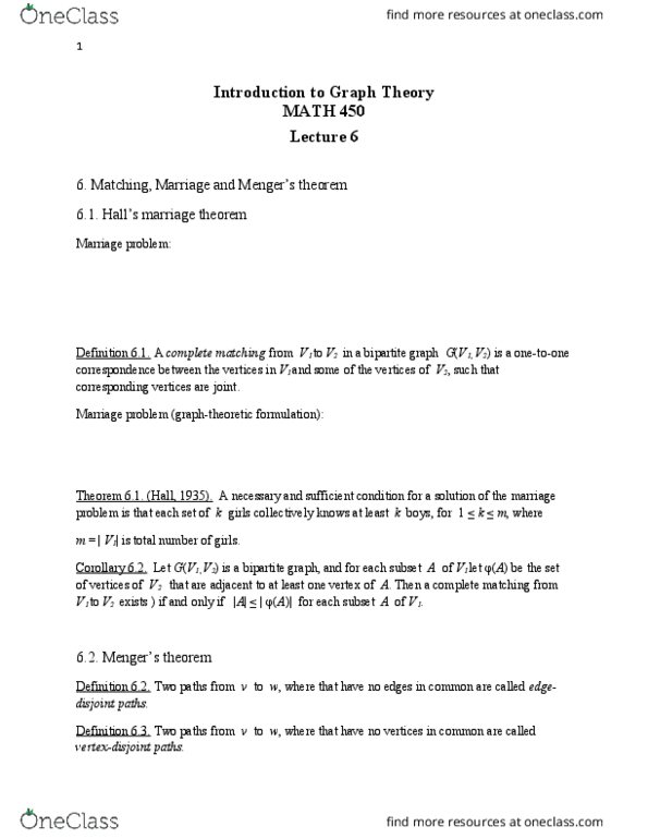 MATH 450 Lecture Notes - Lecture 6: Graph Theory, Bipartite Graph, Separating Set thumbnail