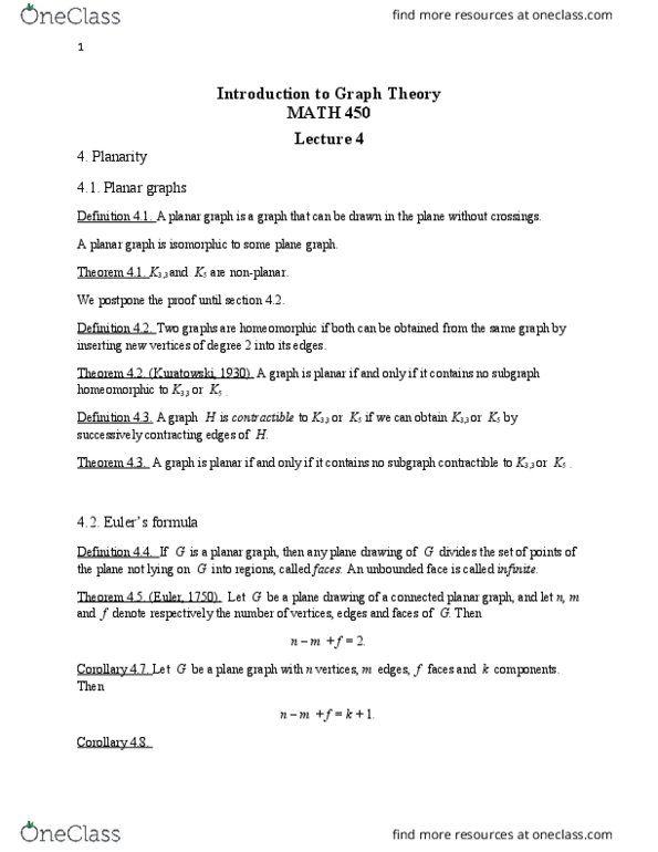 MATH 450 Lecture Notes - Lecture 4: Watt, Planarity, Planar Graph thumbnail