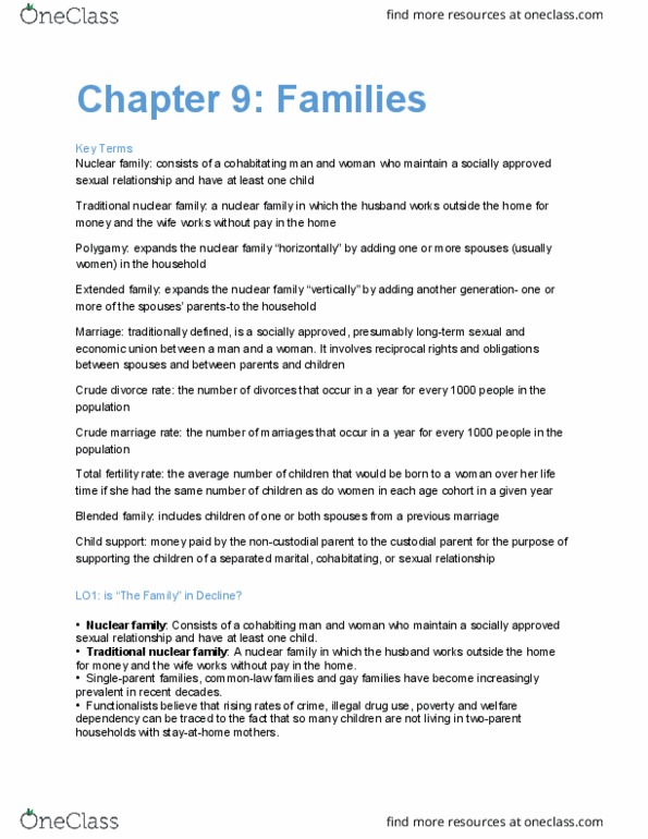 SOC100H5 Chapter Notes - Chapter 9: Total Fertility Rate, Noncustodial Parent, Nuclear Family thumbnail