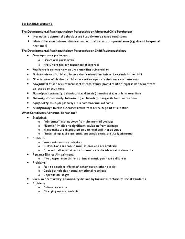 Psychology 2320A/B Lecture Notes - Etiology, Longitudinal Study, Monoamine Oxidase A thumbnail