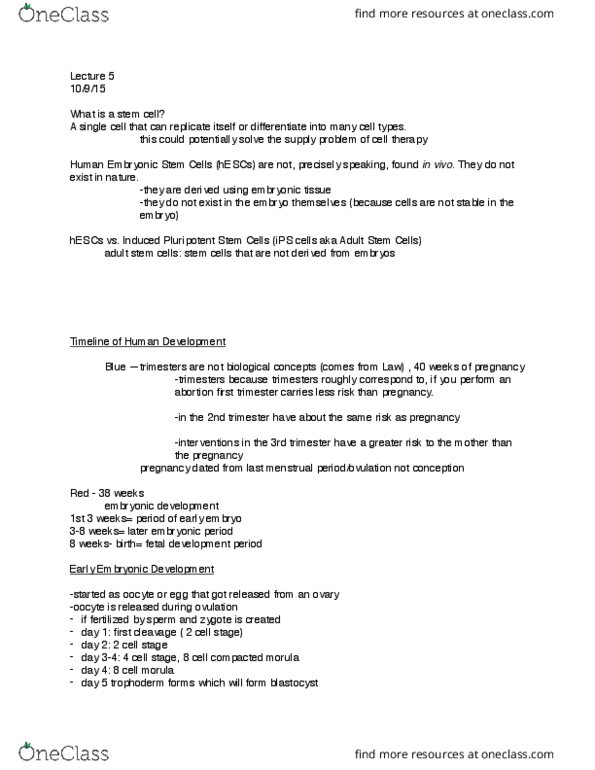 MCD BIO 50 Lecture Notes - Lecture 1: Adult Stem Cell, Morula, Blastocyst thumbnail