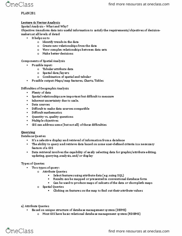 PLAN281 Lecture Notes - Lecture 6: Database, Relational Database Management System, Vector Analysis thumbnail