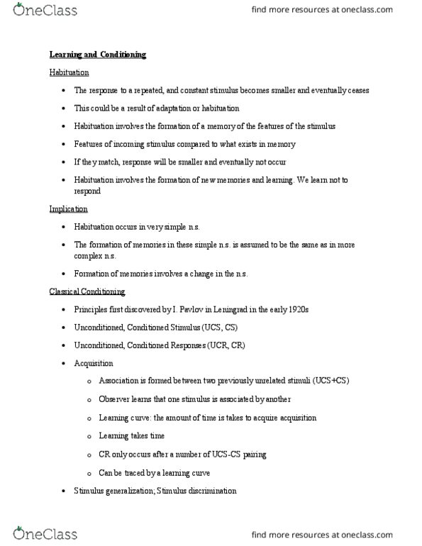 PSY 1101 Lecture Notes - Lecture 5: Learning Curve, Habituation, Classical Conditioning thumbnail