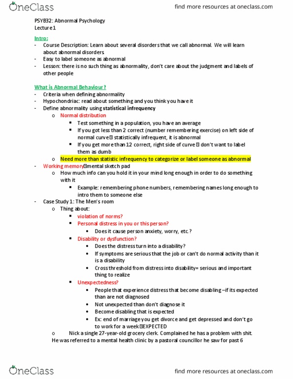 PSYB32H3 Lecture Notes - Lecture 1: Abnormal Psychology, Personal Distress, Normal Distribution thumbnail