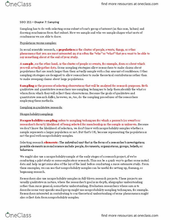 SOCI 211 Chapter Notes - Chapter 7: Cluster Sampling, Sampling Frame, Nonprobability Sampling thumbnail