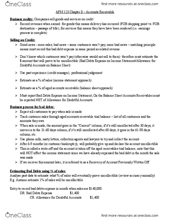 AFM123 Chapter Notes - Chapter 8: Accounts Receivable, Trial Balance, Credit Manager thumbnail