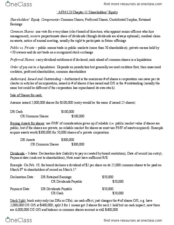 AFM123 Chapter Notes - Chapter 11: Retained Earnings, Authorised Capital, Issued Shares thumbnail