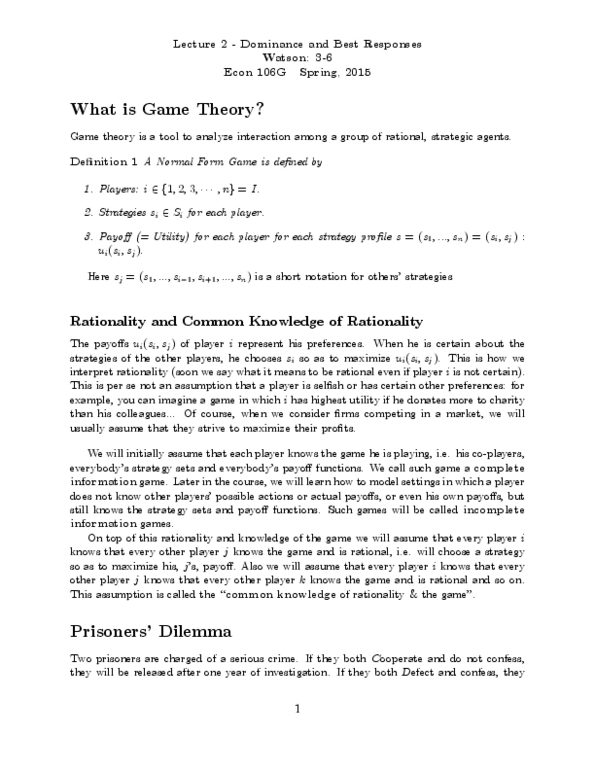 ECON 106G Lecture Notes - Lecture 2: Strategic Dominance, Root Mean Square, Rationality thumbnail