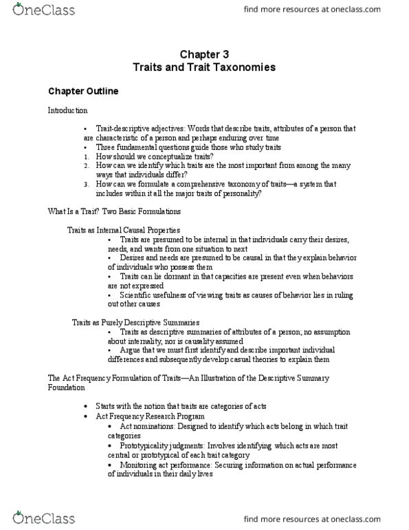 01:830:338 Lecture Notes - Lecture 3: Trait Theory, Neuroticism, Heritability thumbnail