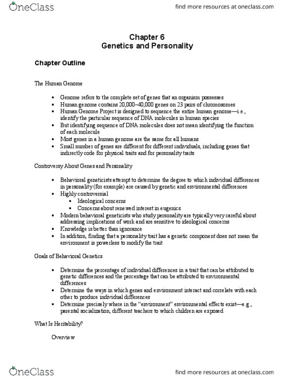 01:830:338 Lecture Notes - Lecture 6: Human Genome Project, Human Genome, Behavioural Genetics thumbnail