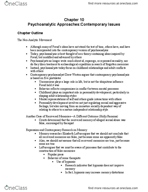 01:830:338 Lecture Notes - Lecture 10: Elizabeth Loftus, Contemporary Psychoanalysis, Psychoanalysis thumbnail