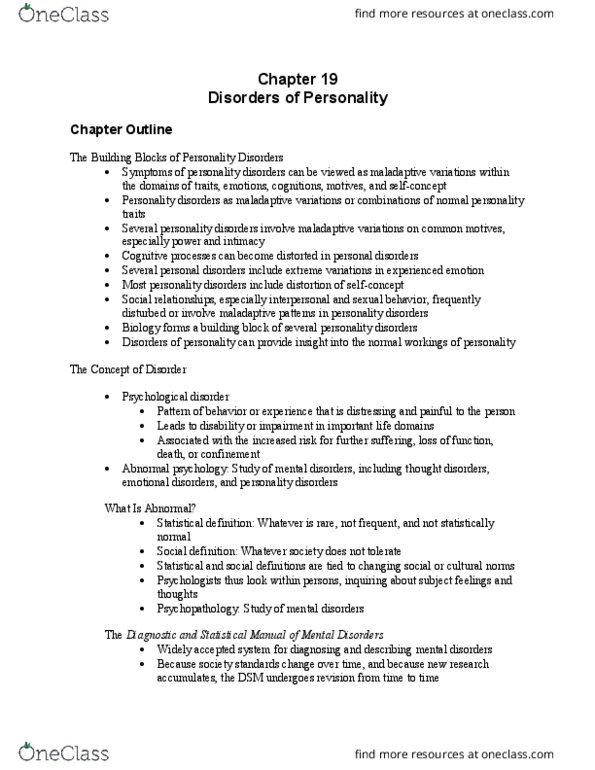 01:830:338 Lecture Notes - Lecture 19: Personality Disorder, Abnormal Psychology, Psychopathology thumbnail