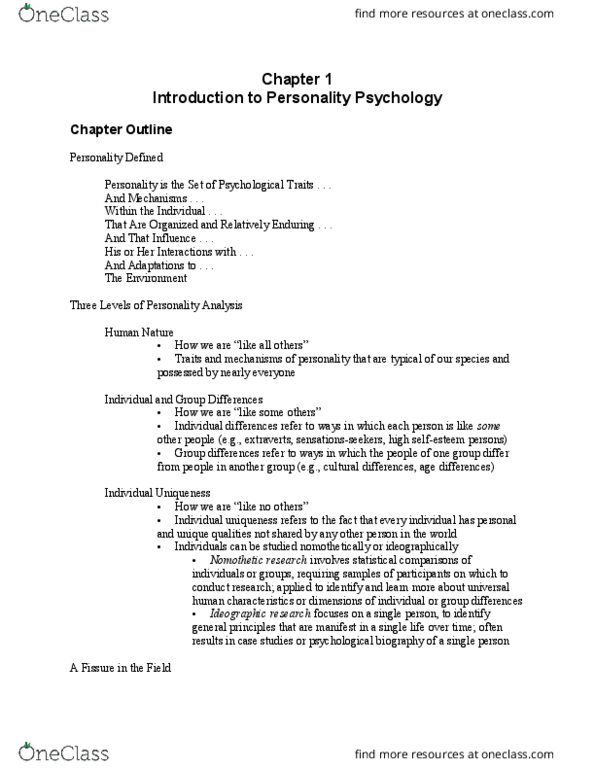 01:830:338 Lecture Notes - Lecture 1: Nomothetic, Personality Psychology, Behavioural Genetics thumbnail