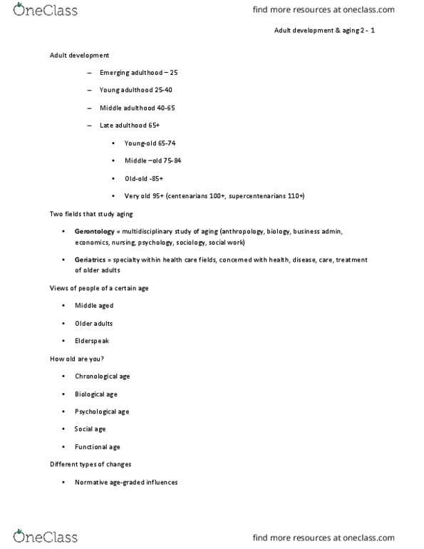 01:830:338 Lecture Notes - Lecture 2: Adult Development, Emerging Adulthood And Early Adulthood, Geriatrics thumbnail