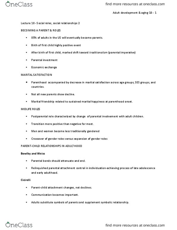 01:830:338 Lecture Notes - Lecture 18: Adult Development, Parental Investment, Net. thumbnail