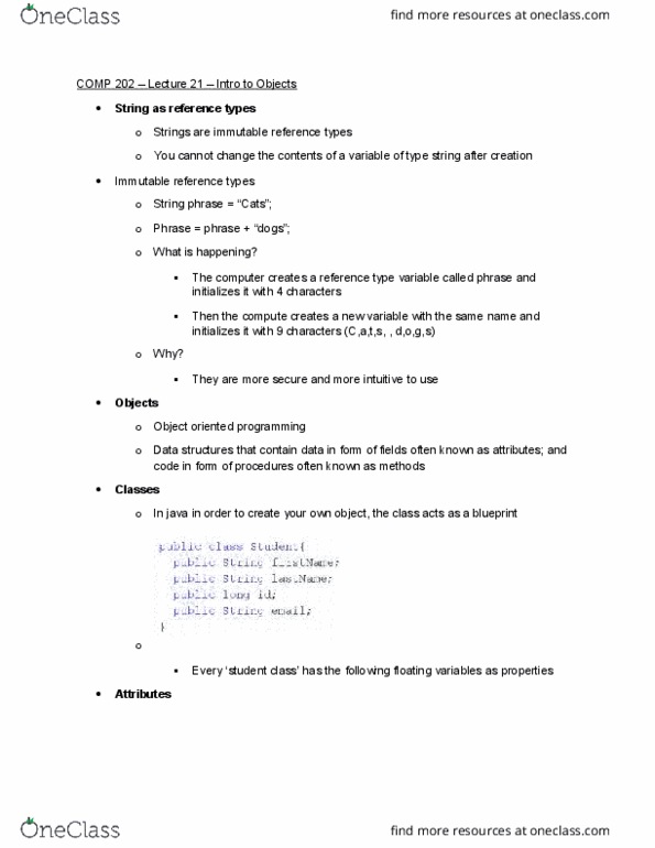 COMP 202 Lecture Notes - Lecture 21: Object-Oriented Programming, National Technical Research Organisation thumbnail