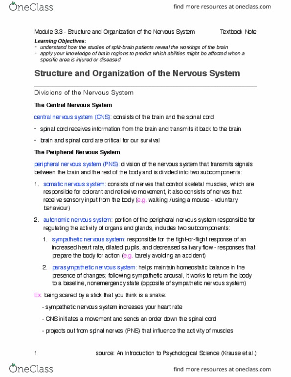 PSYCH101 Chapter Notes - Chapter 3: Central Nervous System, Sympathetic Nervous System, Peripheral Nervous System thumbnail
