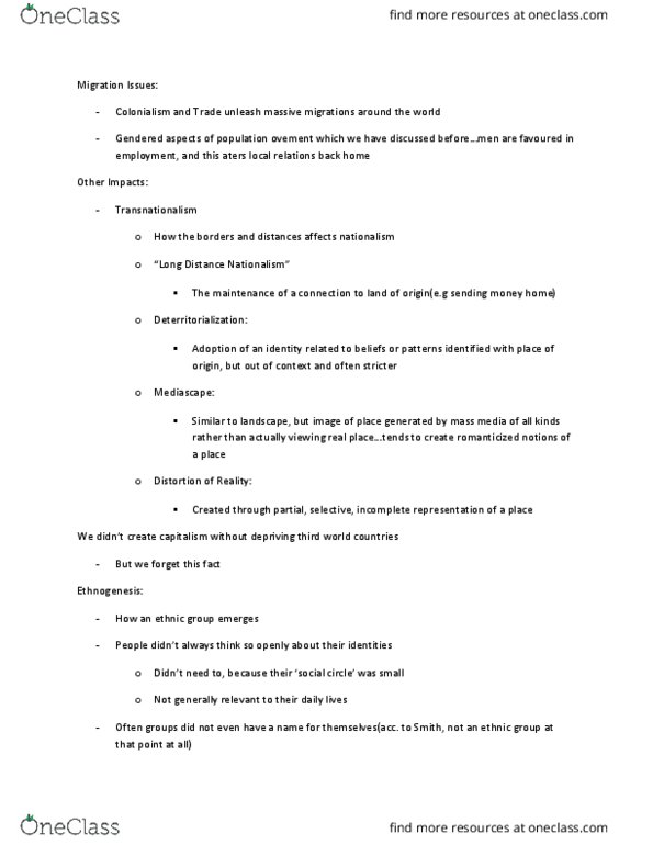 SOCI 201 Lecture Notes - Lecture 18: Ethnogenesis, Mediascape, Deterritorialization thumbnail