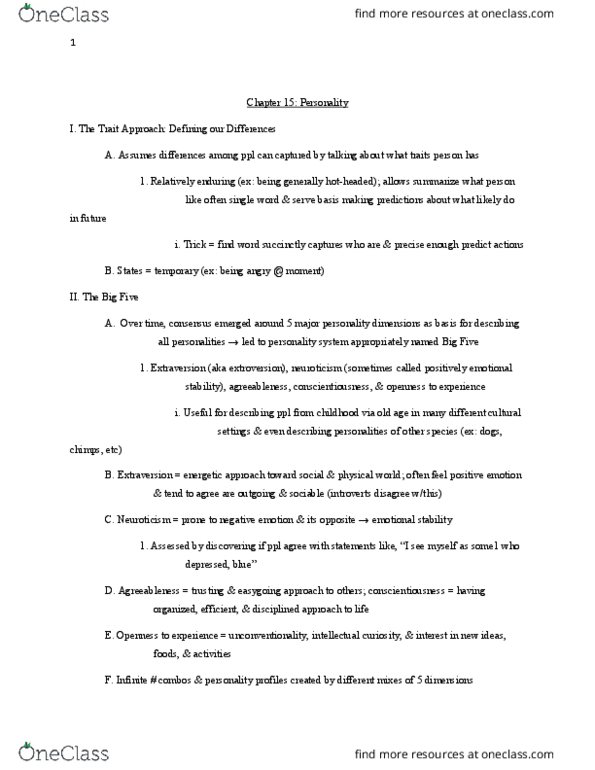 PSY BEH 11C Lecture Notes - Lecture 5: Extraversion And Introversion, Agreeableness, Beek thumbnail