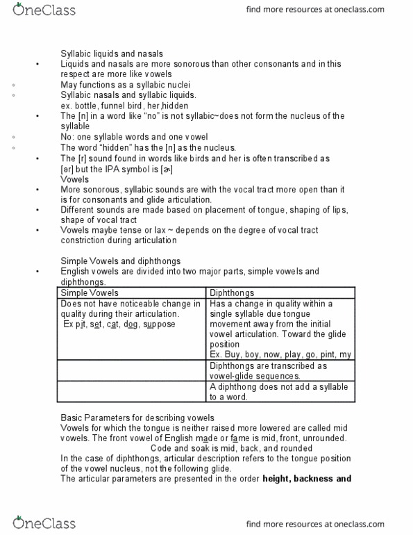 LINGUIST 1A03 Lecture Notes - Lecture 8: Vocal Tract, Diphthong, Dej thumbnail