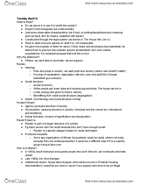 ANTH 23 Lecture Notes - Lecture 3: Symbolic Capital, Residential Segregation In The United States, Racialization thumbnail