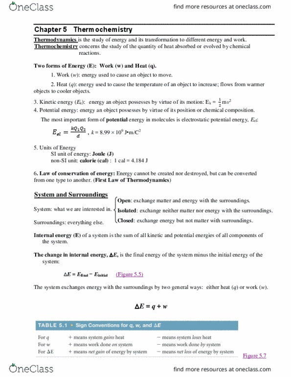 CHM 151 Lecture Notes - Lecture 5: Joule, Isobaric Process, Enthalpy thumbnail