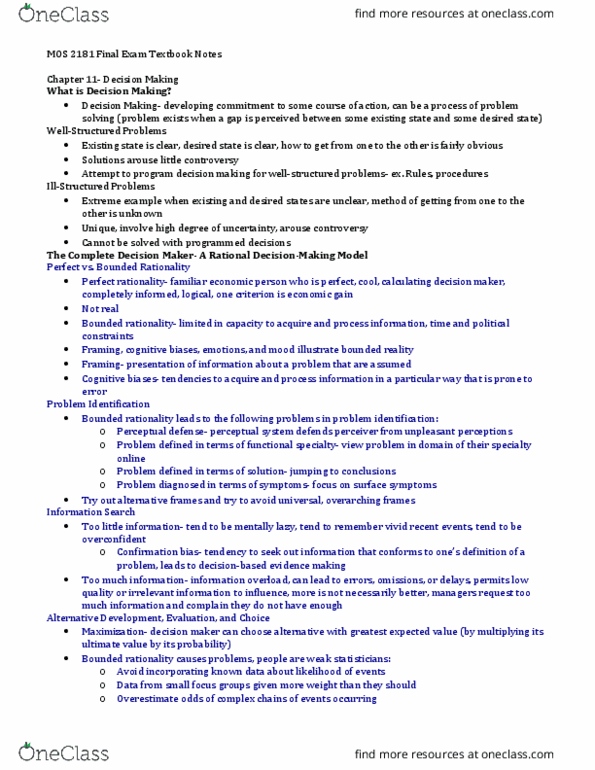 Management and Organizational Studies 2181A/B Chapter Notes - Chapter 11: Protecting Group, Satisficing, Ideo thumbnail