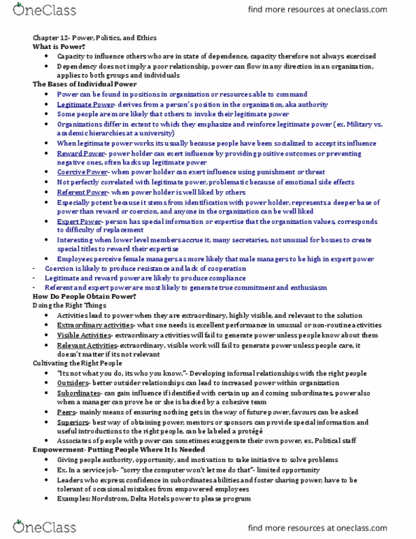 Management and Organizational Studies 2181A/B Chapter Notes - Chapter 12: Smoke Screen, Role Conflict, Machiavellianism thumbnail