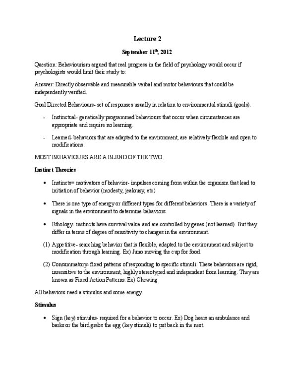 PSYC 2330 Lecture Notes - Negative Feedback, Blood Sugar, Fixed Action Pattern thumbnail