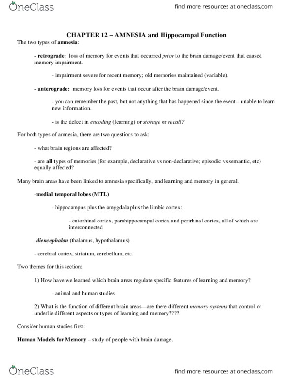 CAS PS 231 Lecture Notes - Lecture 9: Language Disorder, Semantic Dementia, Procedural Memory thumbnail