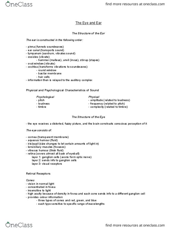 PSYCH 1F03 Chapter Notes - Chapter 1: Vitreous Body, Aqueous Humour, Oval Window thumbnail