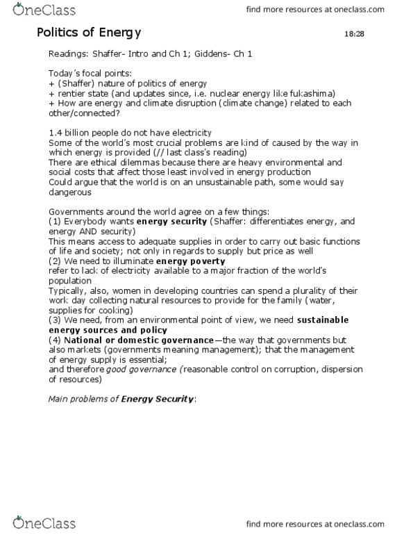 POLI 1091 Lecture Notes - Lecture 1: Yom Kippur War, Keystone Pipeline, Energy Industry thumbnail