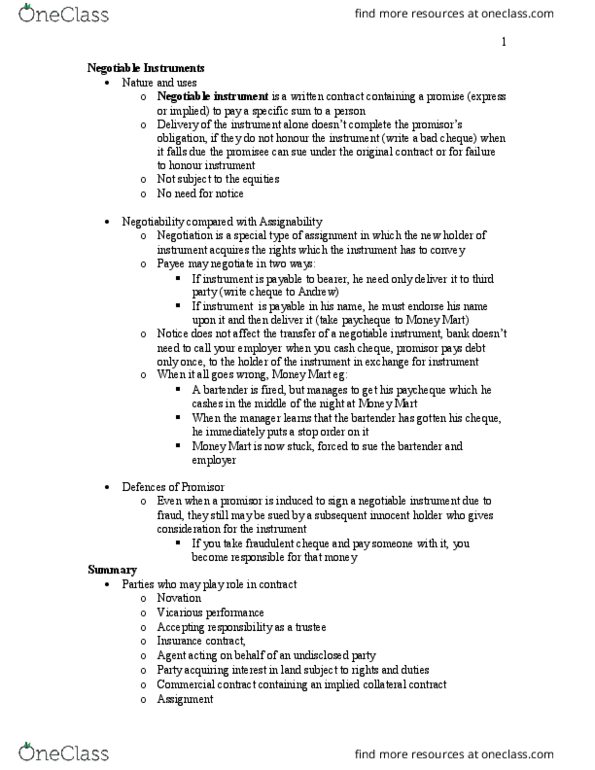 BU231 Lecture Notes - Lecture 8: Collateral Contract, Negotiable Instrument thumbnail