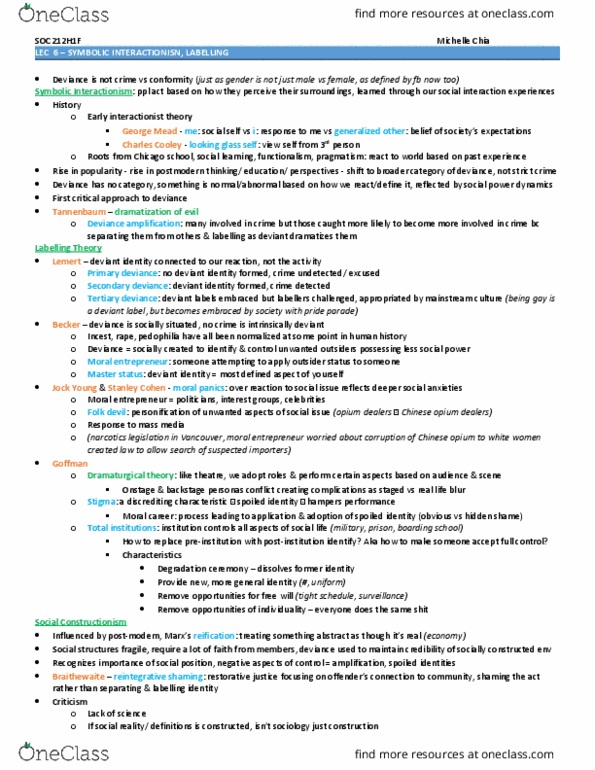 SOC212H1 Lecture Notes - Lecture 6: Jock Young, Erving Goffman, System On A Chip thumbnail